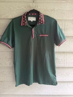 Men's Dark Green Polo with Red Patterned Trim